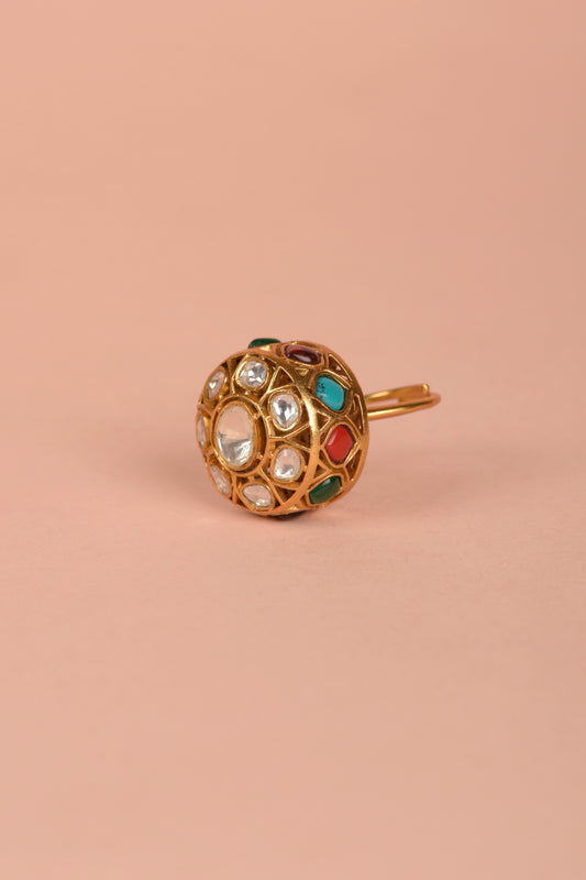 Handcrafted Gold-Plated Navrattan Polki Dome Ring