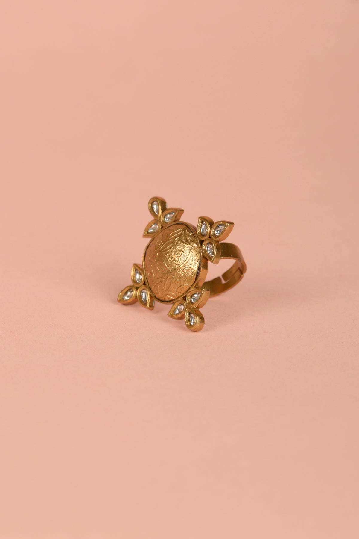 Handcrafted Gold Engraved Mughal Floral Polki Ring