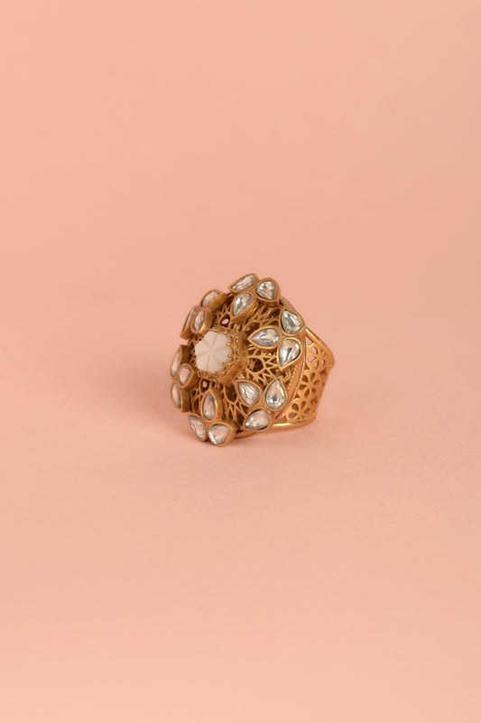 Handcrafted Filigree Moissanite Polki Jadau Flower Ring
