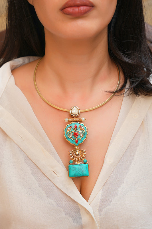 Ancestral Turquoise Kavach Choker | Heritage Necklace with Avian Birds Gold-Work & Raw Stone Slab