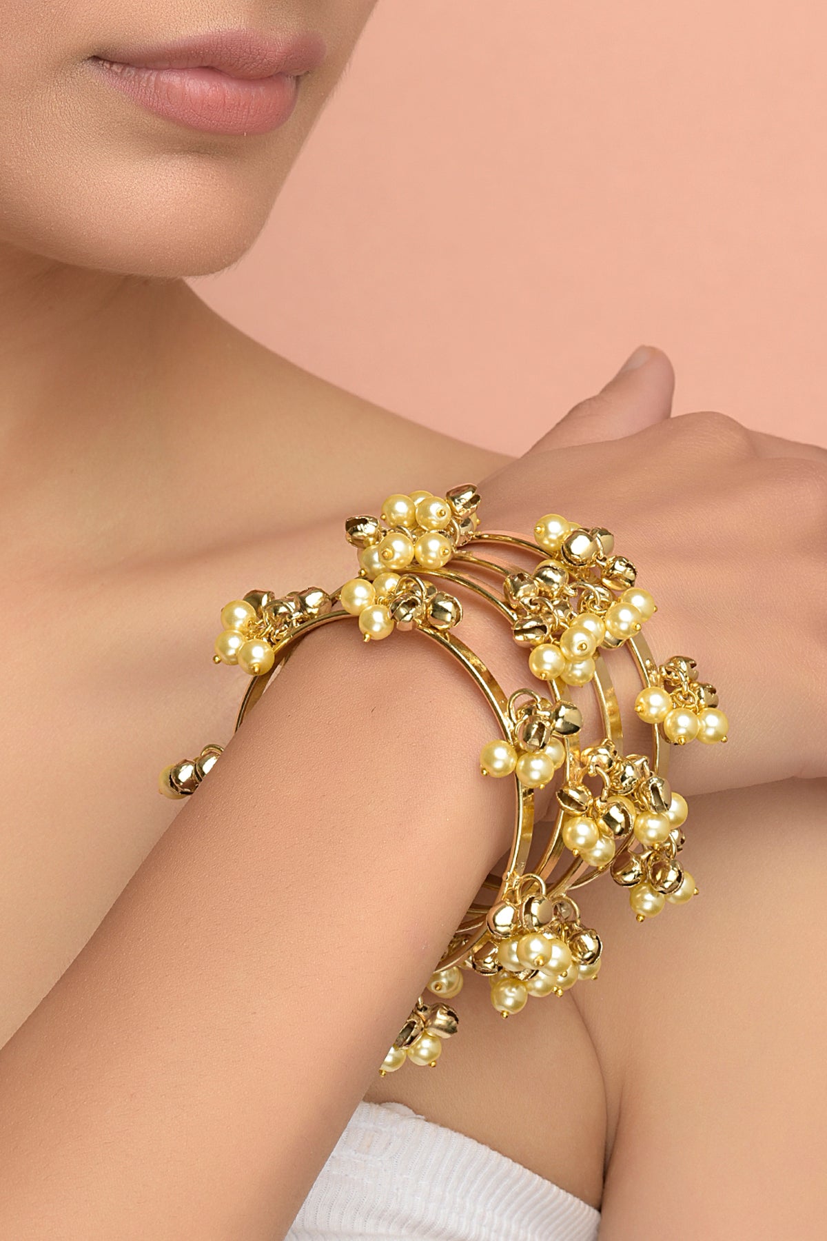 Gold Plated Beaded Pearl Bangles (Set of 4)