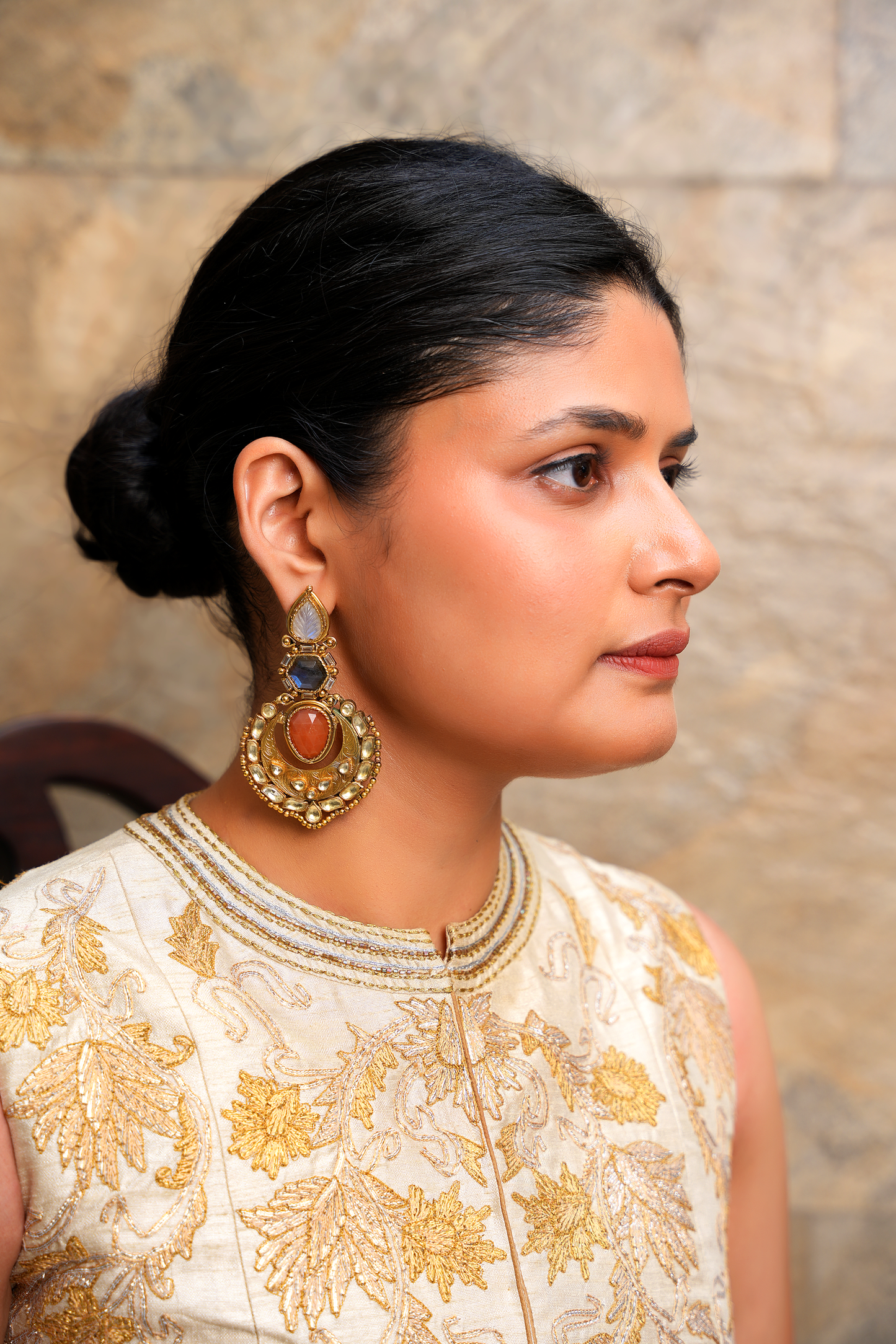 Gold Plated Kundan Polki Chandbali Earrings with semiprecious stones