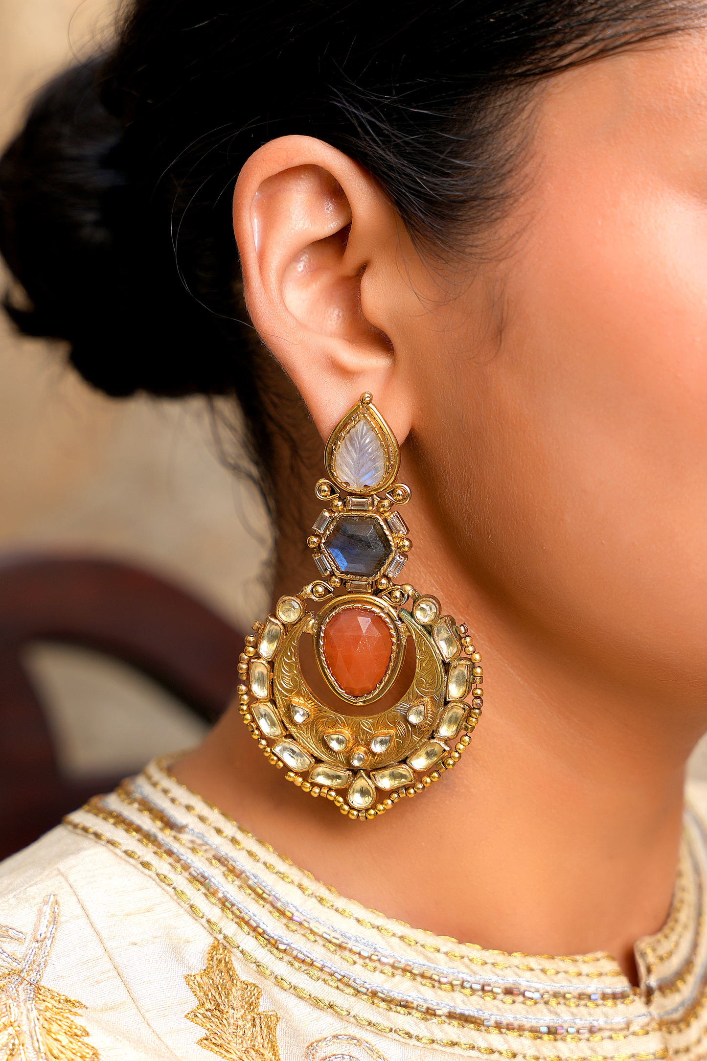 Gold Plated Kundan Polki Chandbali Earrings with semiprecious stones