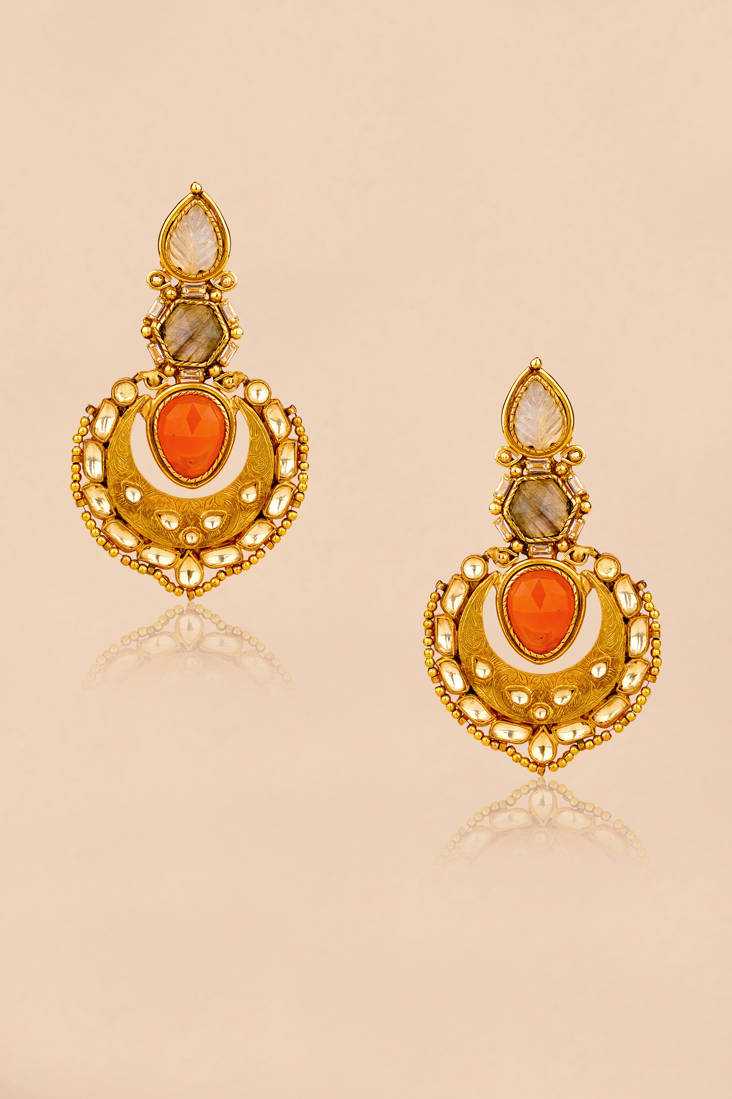Gold Plated Kundan Polki Chandbali Earrings with semiprecious stones