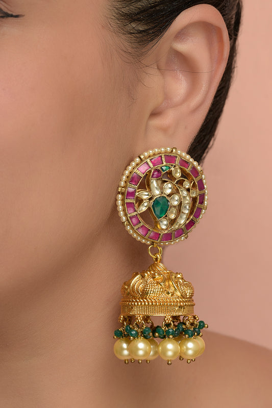 Gold Plated Peacock Multi Kundan top with jhumki