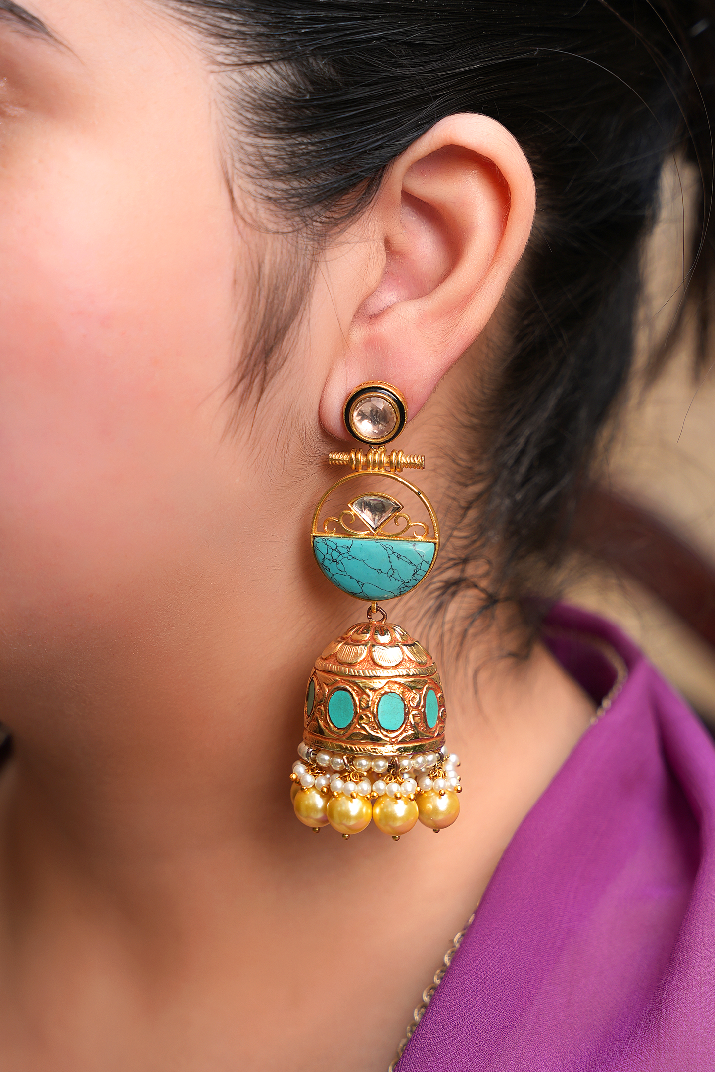 Gold Plated Turquoise Dangler Earrings with Jhumki