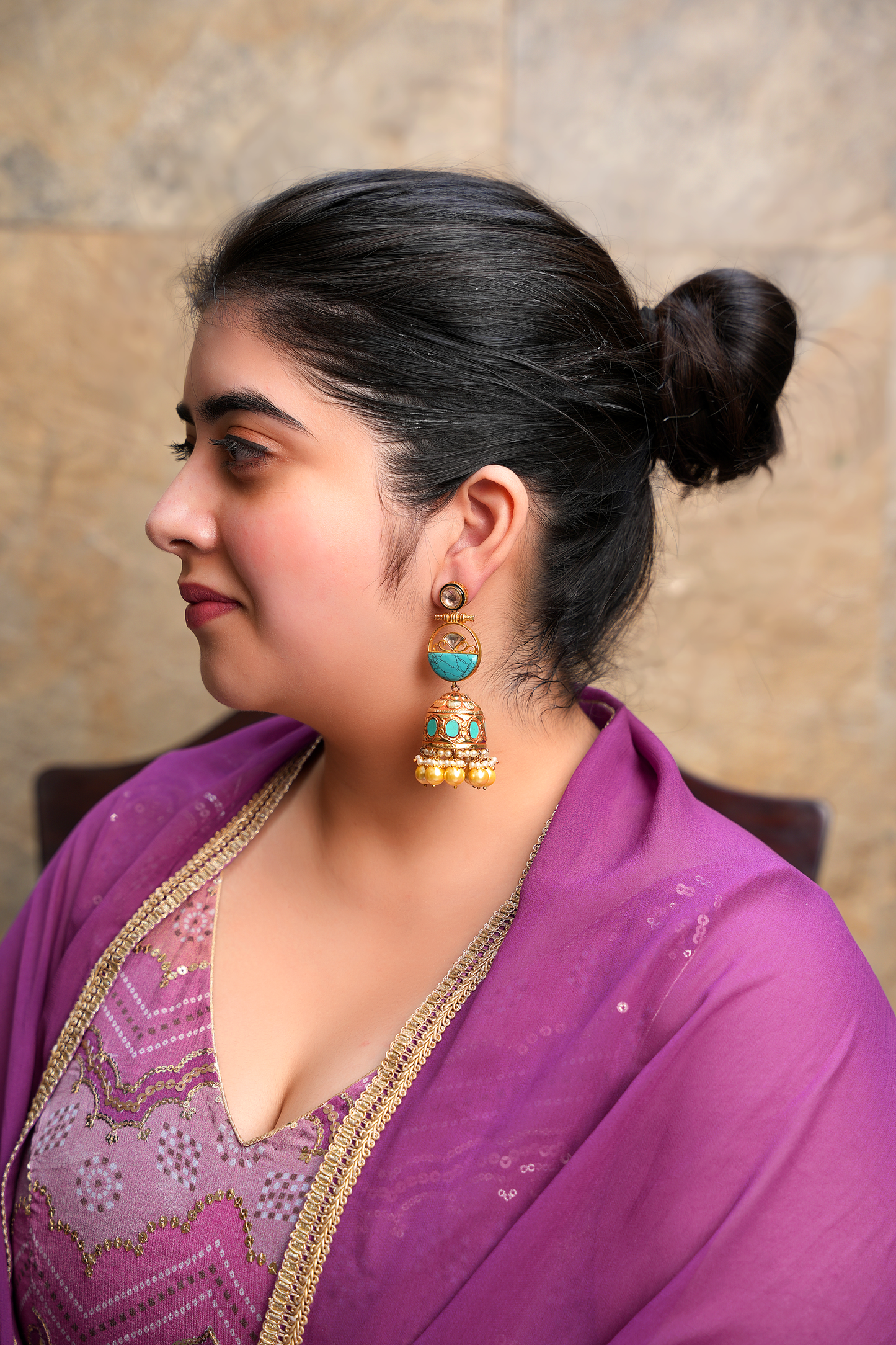 Gold Plated Turquoise Dangler Earrings with Jhumki