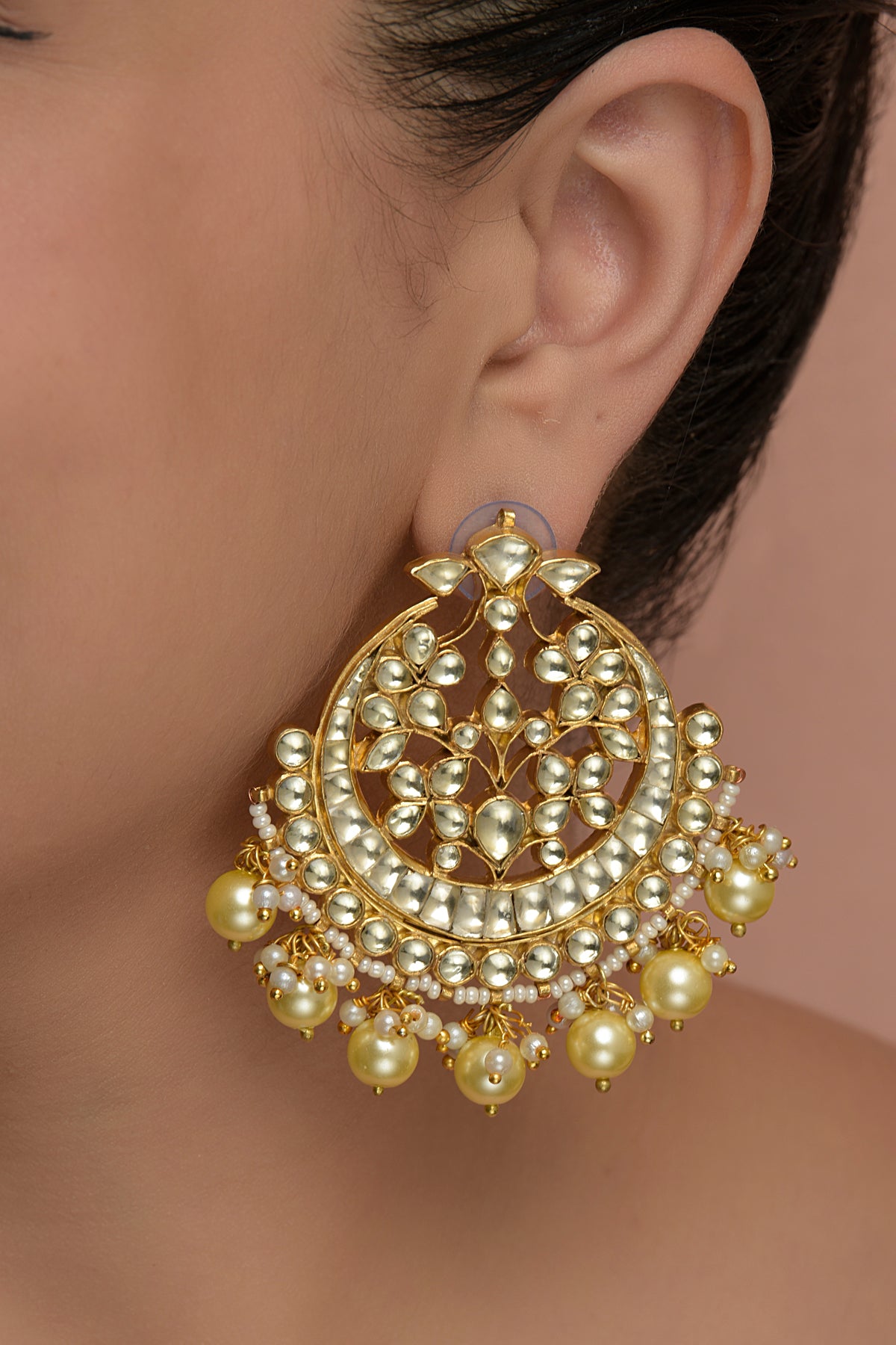 Gold Plated Kundan Polki & Pearl Chandbali Earrings