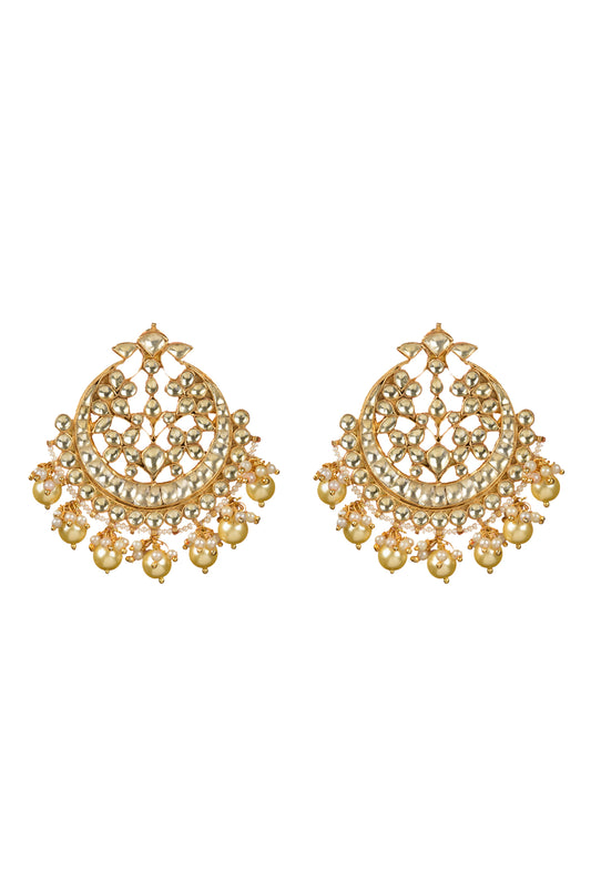 Gold Plated Kundan Polki & Pearl Chandbali Earrings