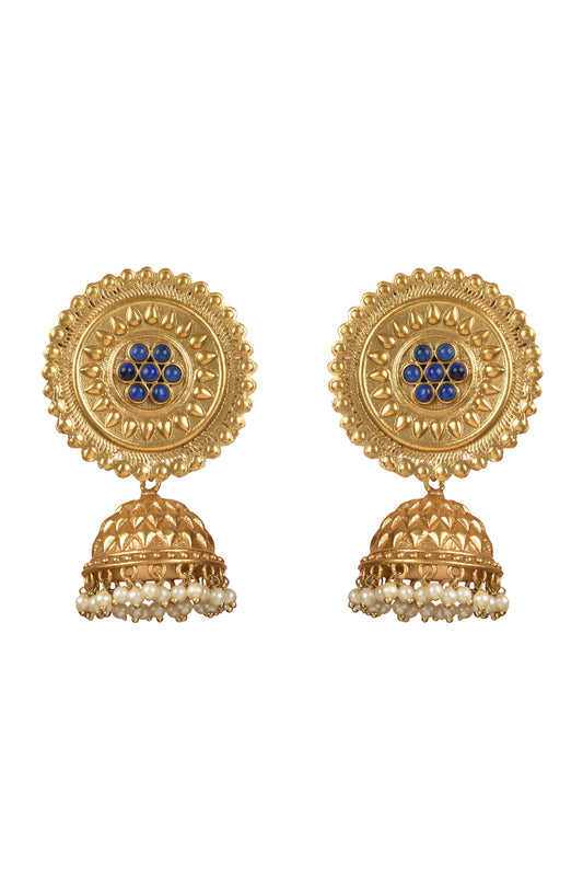 Gold plated Carved Disc Earrings with Jhumka