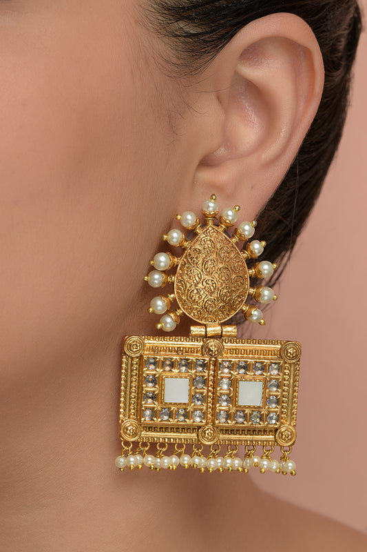 Gold Plated Kundan Polki & Pearls Dangler Earrings