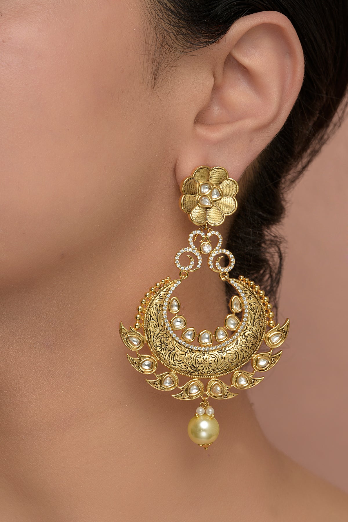 Gold Plated Carved Kundan Polki Chandbali Earrings
