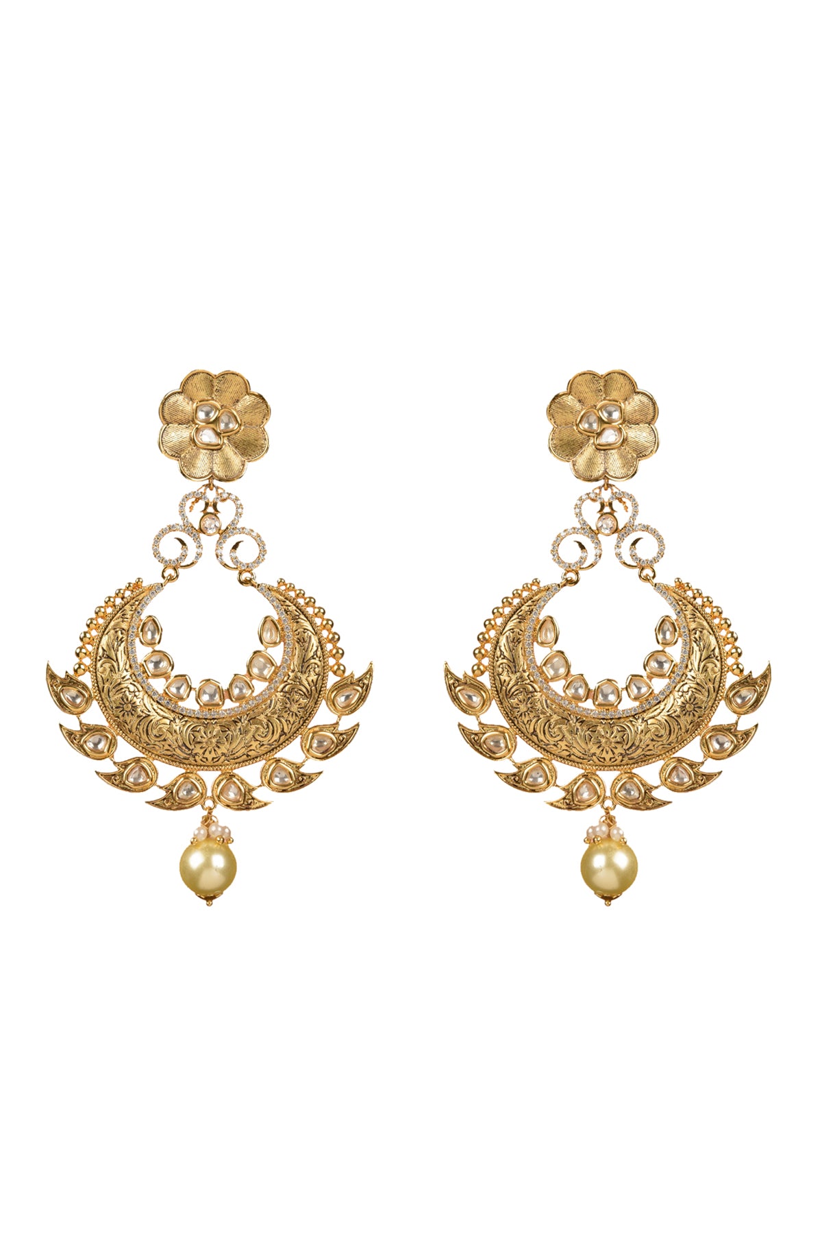 Gold Plated Carved Kundan Polki Chandbali Earrings