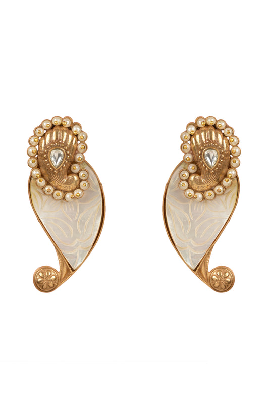 Gold Plated Kundan Polki Carved Mother of Pearl Dangler Earrings