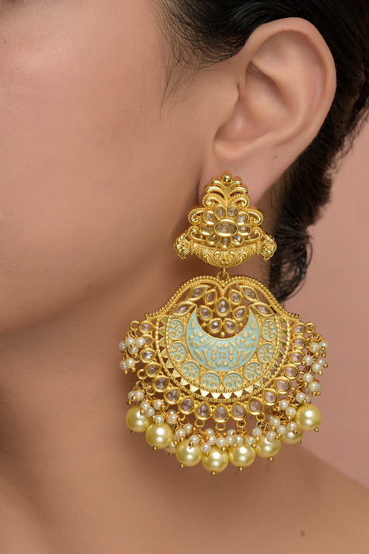 Gold Plated Kundan Polki Enamelled Chandbaali Earrings