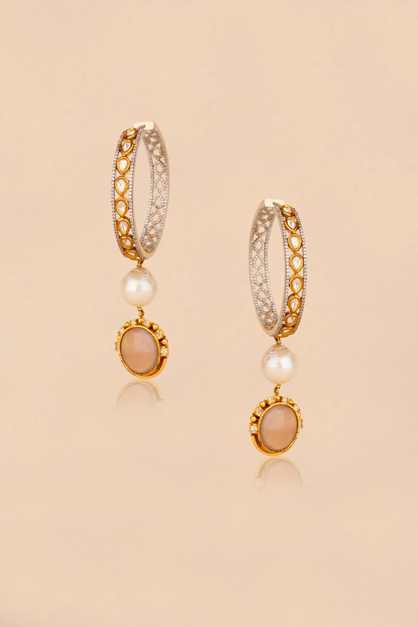 Gold Plated Kundan Polki Hoops with Pearls & Pink Chalcedony Dangler Earrings