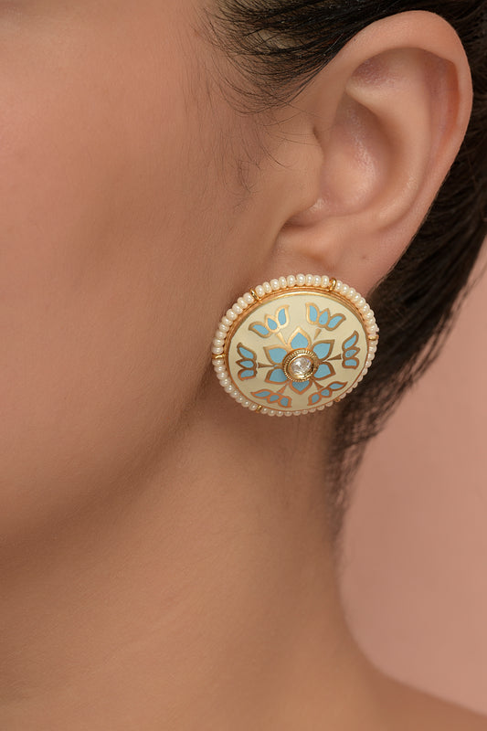 Gold Plated Kundan Polki Enamelled Stud Earrings