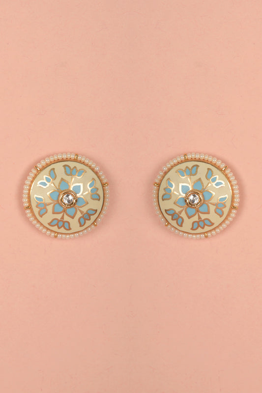 Gold Plated Kundan Polki Enamelled Stud Earrings