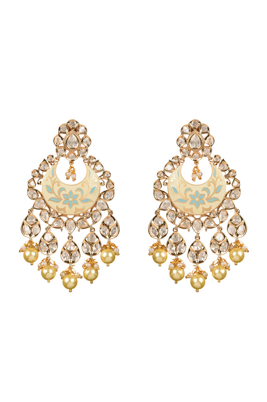 Gold Plated Kundan Polki Enamelled Chandbaali Earrings