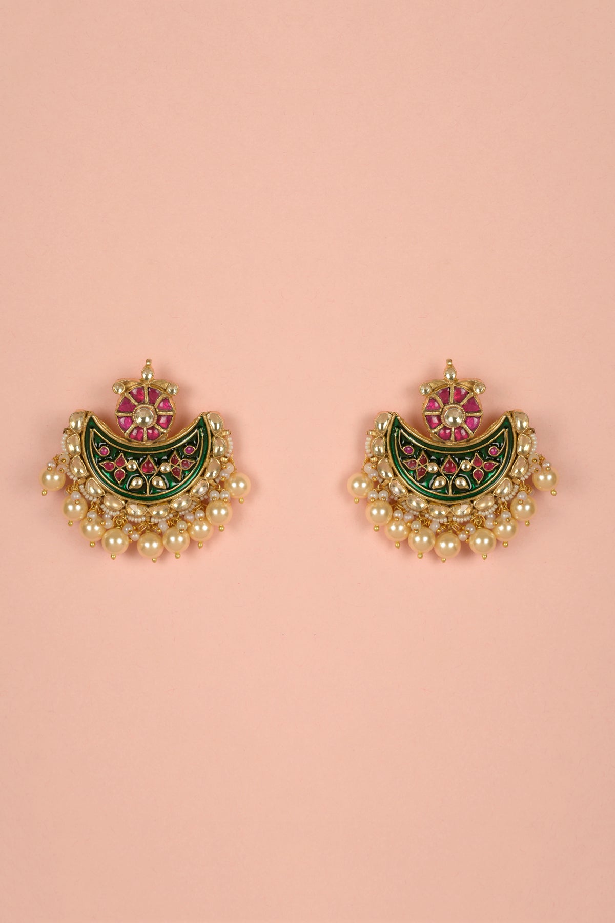 Gold Plated Enamelled Kundan Polki & Pearl Drop Chandbaali Earrings