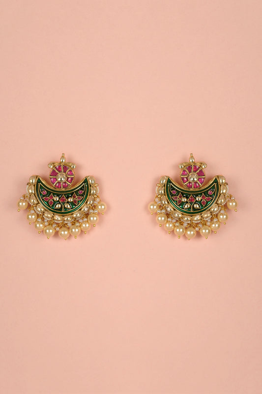Gold Plated Enamelled Kundan Polki & Pearl Drop Chandbaali Earrings