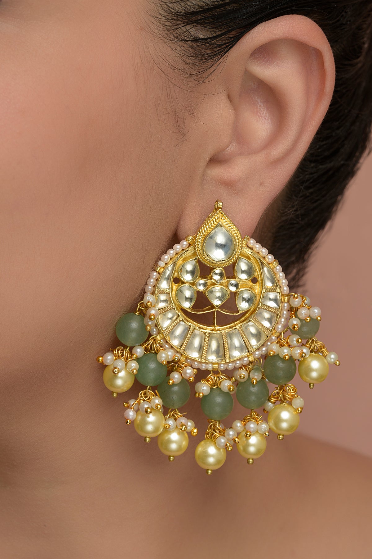 Gold Plated Kundan Polki & Pearl Drop Chandbaali Earrings
