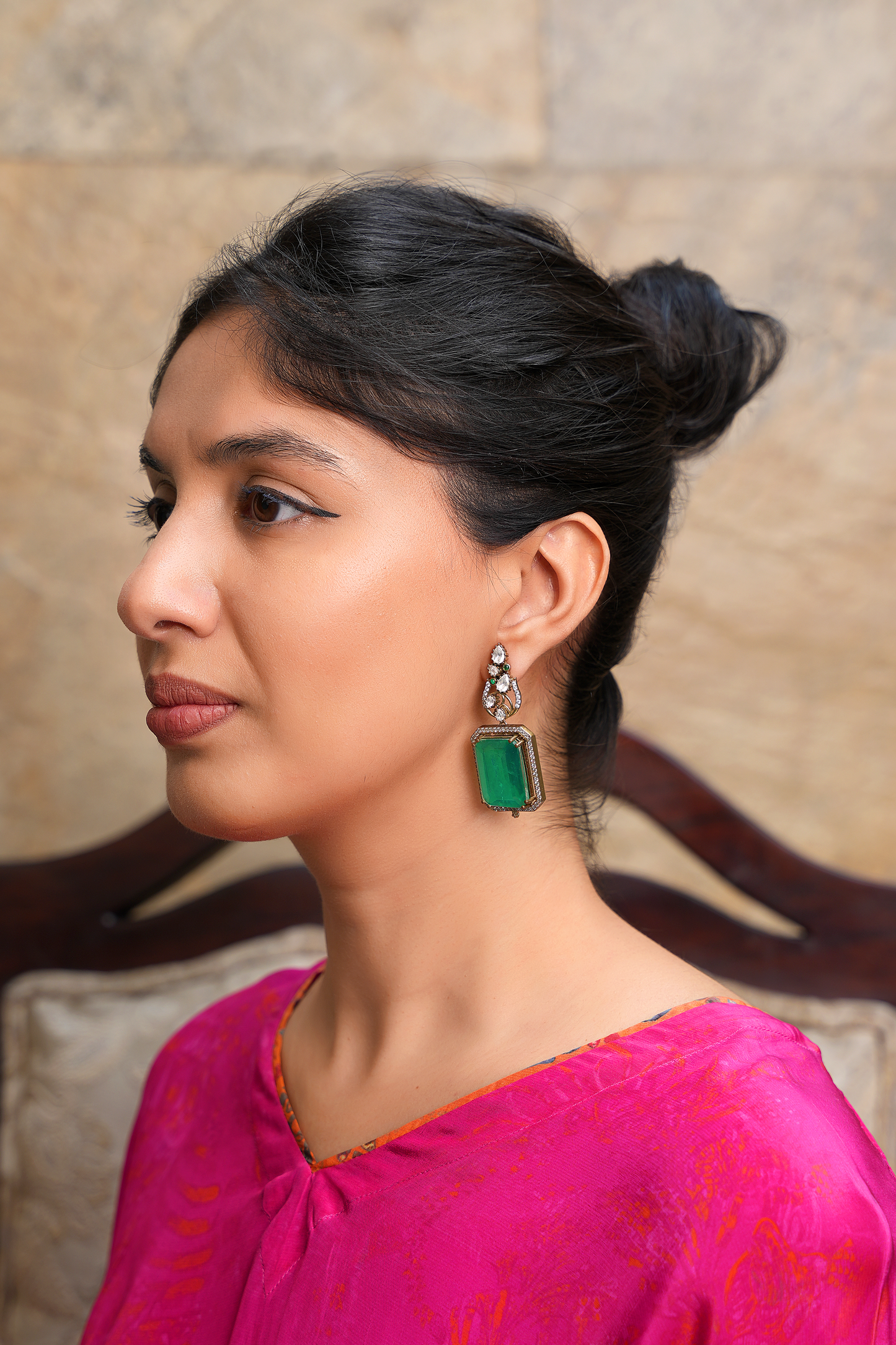 Gold Plated Kundan polki Danler with hanging Green stone