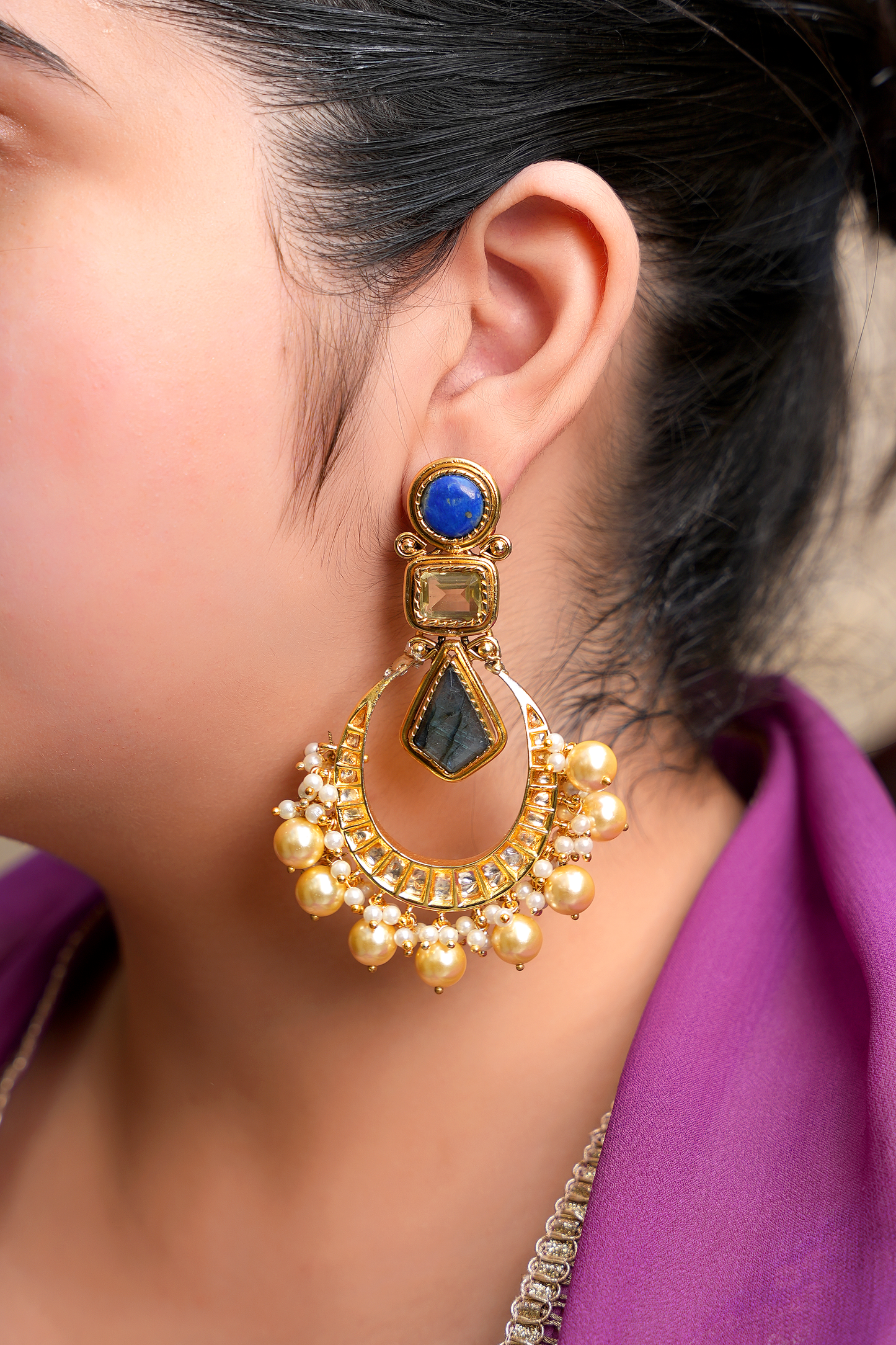 Gold Plated Kundan Polki Chandbali with Labradorite & Topaz Stones