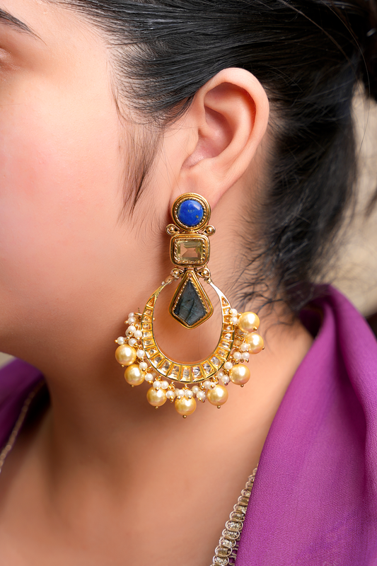 Gold Plated Kundan Polki Chandbali with Labradorite & Topaz Stones
