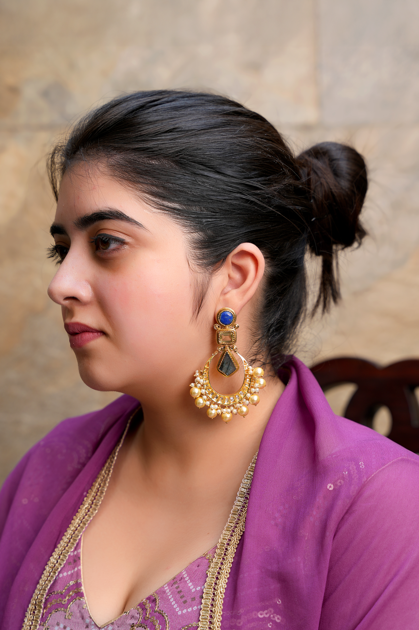 Gold Plated Kundan Polki Chandbali with Labradorite & Topaz Stones