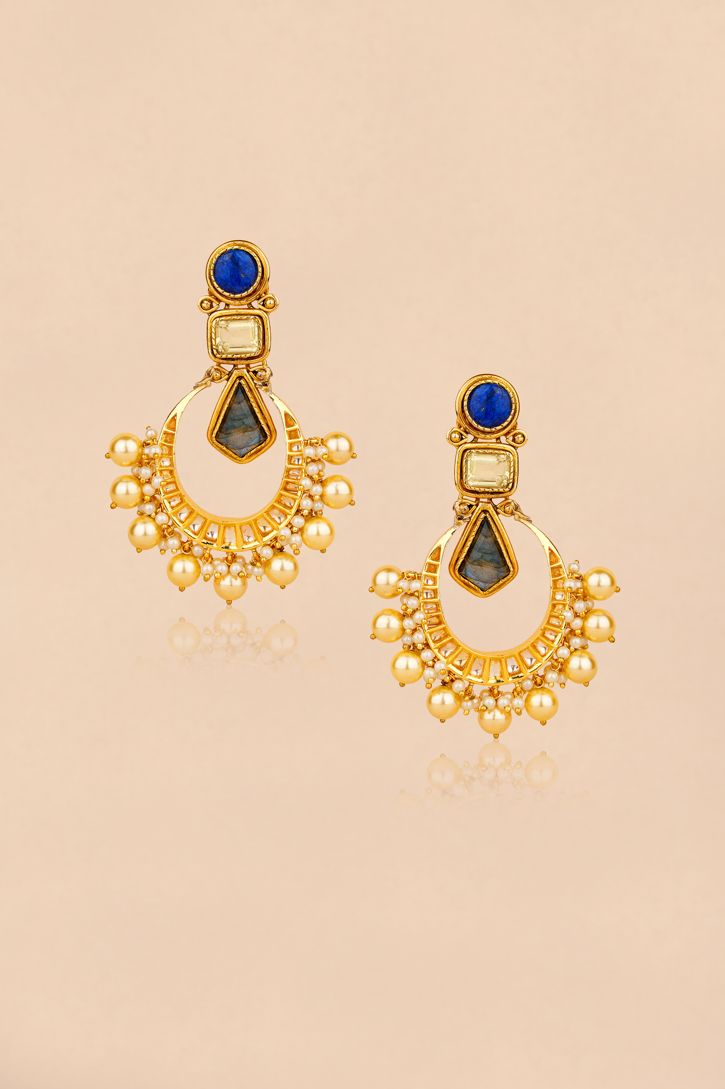 Gold Plated Kundan Polki Chandbali with Labradorite & Topaz Stones