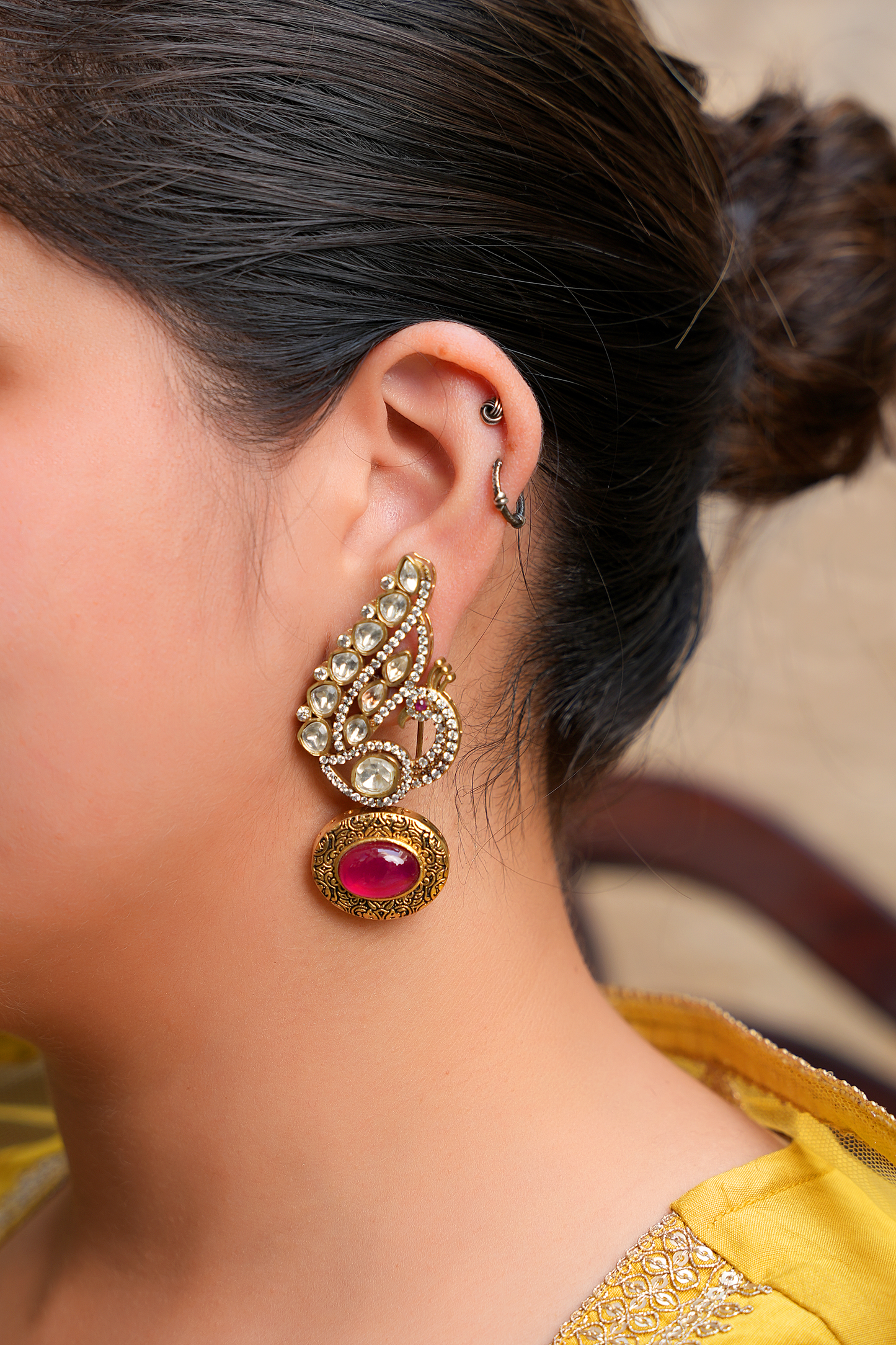Gold Plated Kundan Polki Peacock Earrings with Red stone