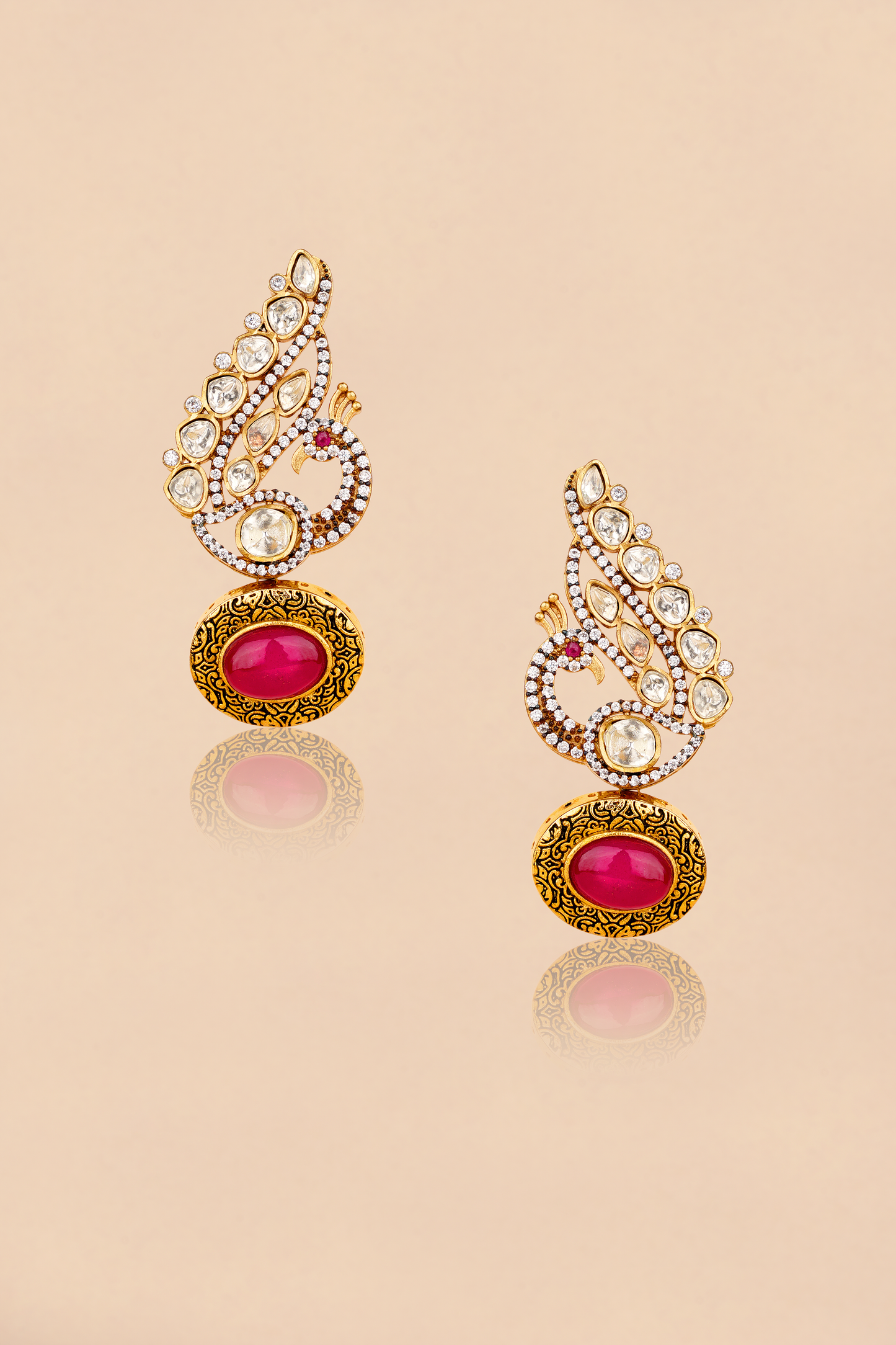 Gold Plated Kundan Polki Peacock Earrings with Red stone