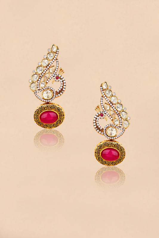 Gold Plated Kundan Polki Peacock Earrings with Red stone