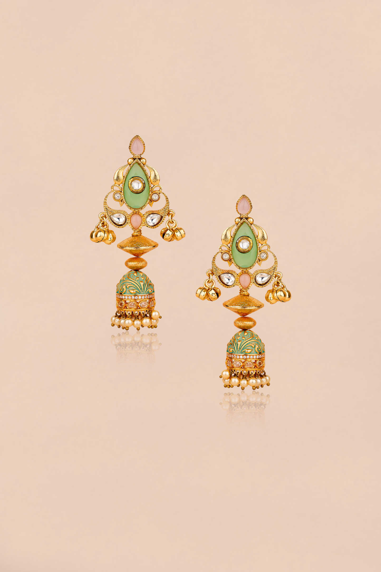 Gold Plated Kundan polki Earrings with Multi stones & Enamelled Jhumki