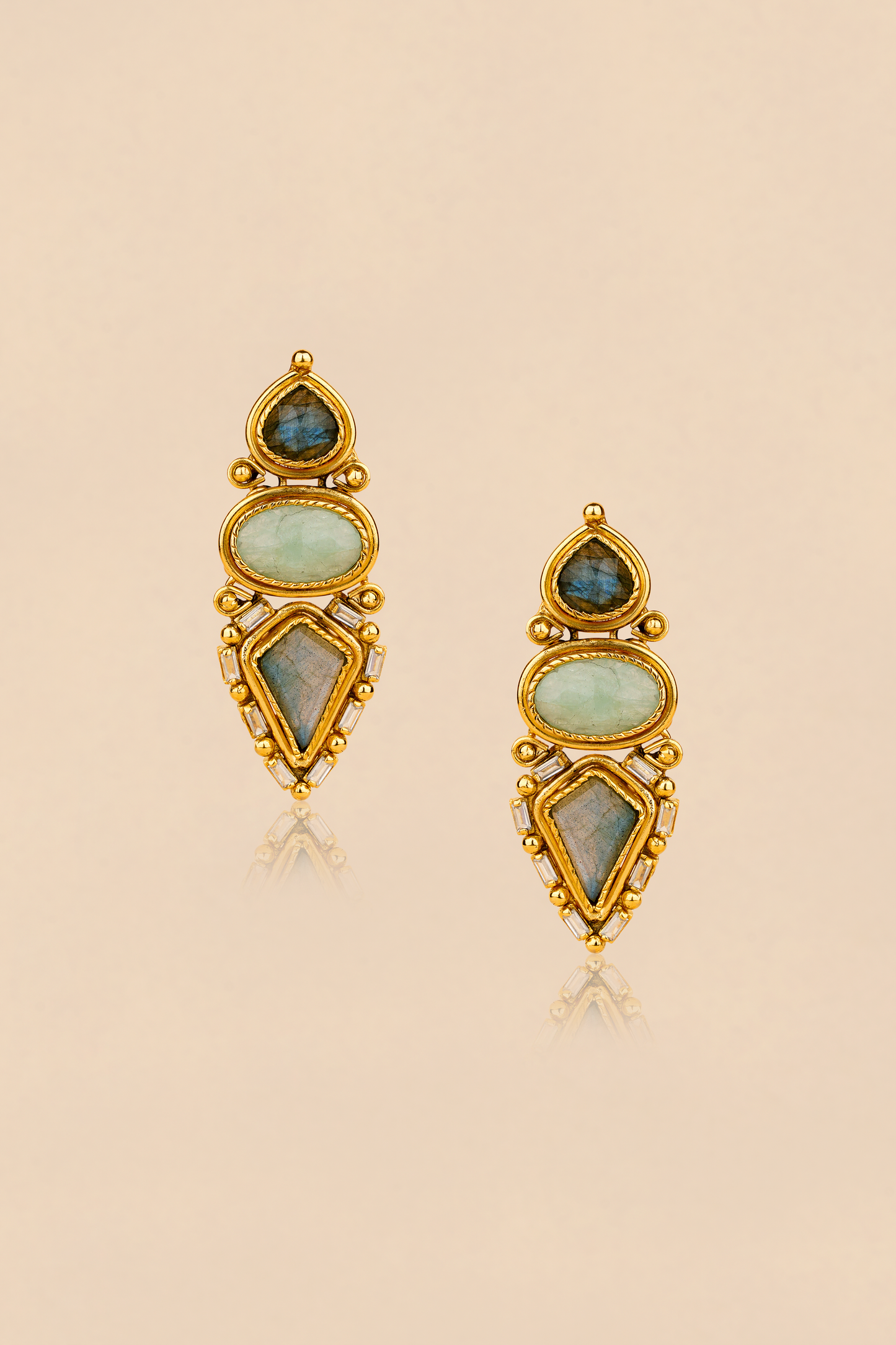 Gold Plated Labradorite Dangler Earrings with American Diamonds