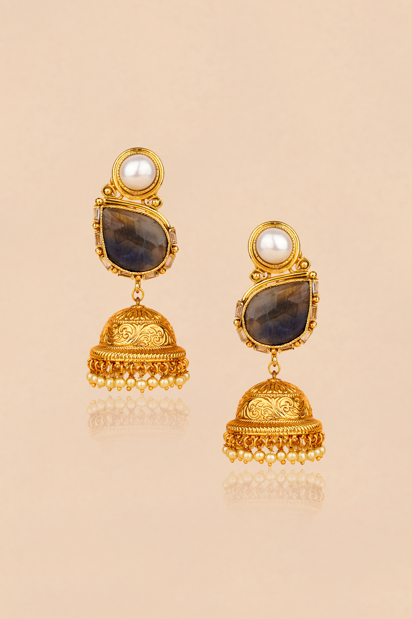 Gold Plated Pearl Sapphire Earrings with Carved jhumki