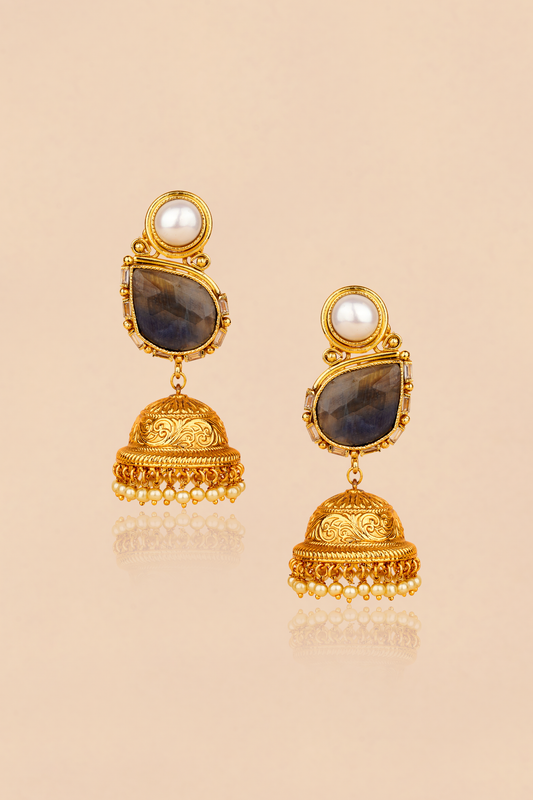 Gold Plated Pearl Sapphire Earrings with Carved jhumki