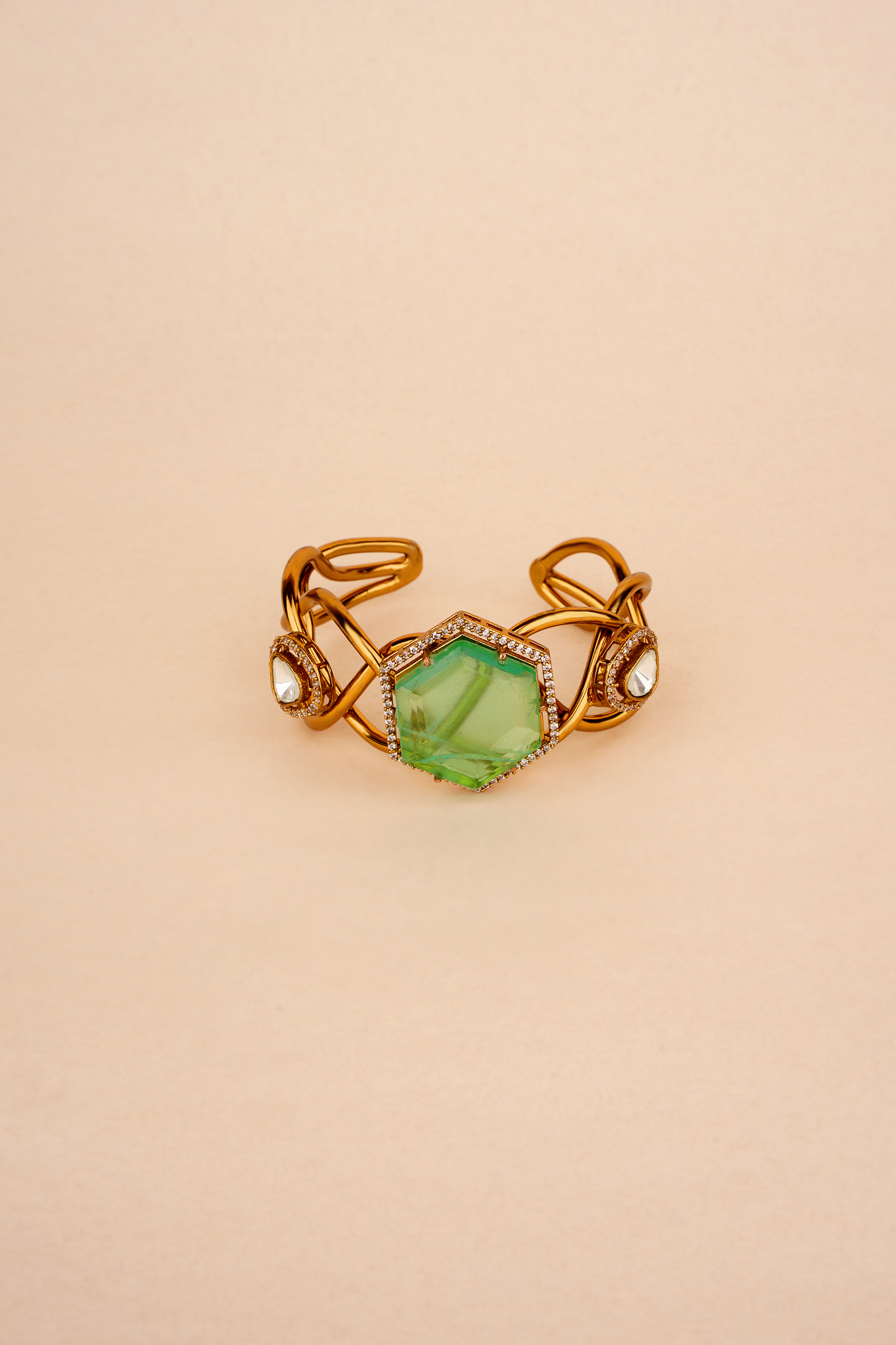 Gold Plated Cuff with a Green stone & Polkis