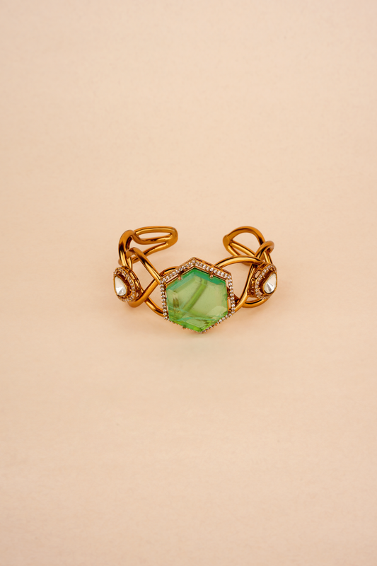 Gold Plated Cuff with a Green stone & Polkis