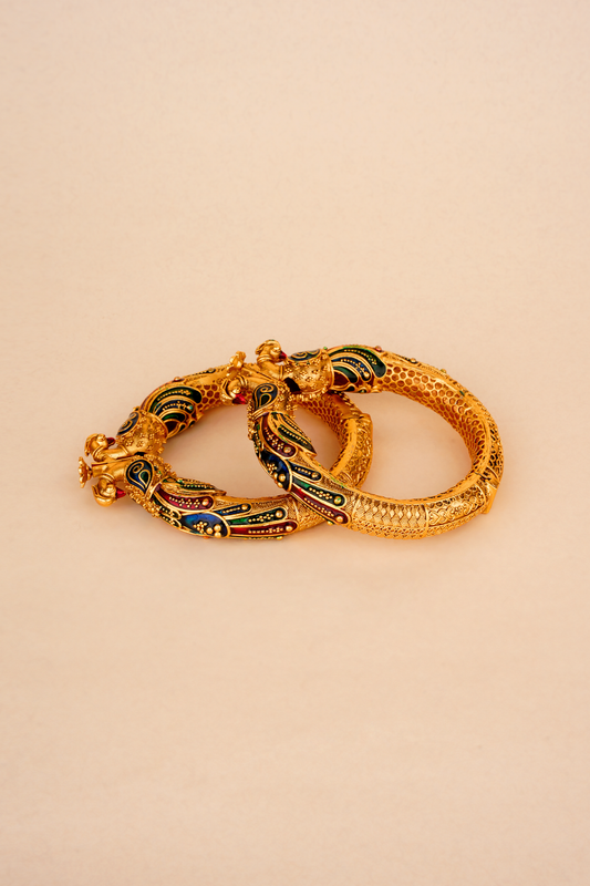 Gold Plated Carved Enamelled Peacock Bangles (Set of 2)