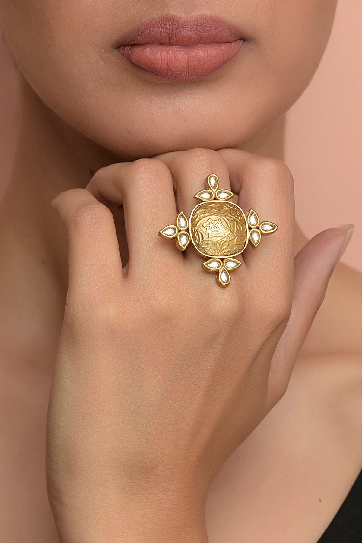Handcrafted Gold Engraved Mughal Floral Polki Ring
