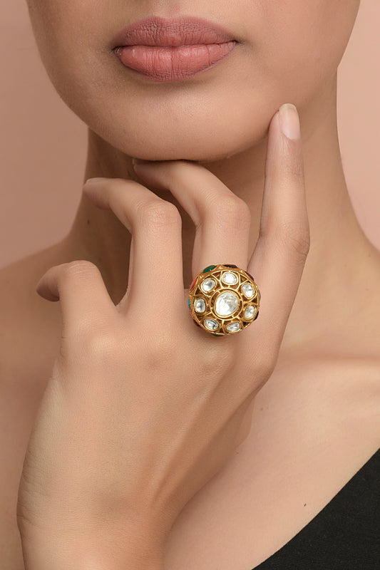 Handcrafted Gold-Plated Navrattan Polki Dome Ring