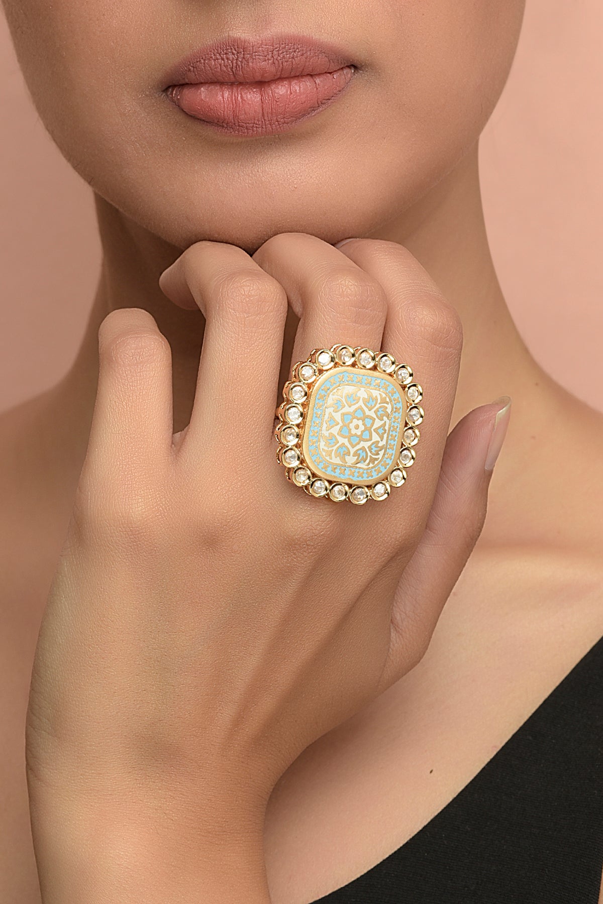 Handcrafted Meenakari & Kundan Square Cocktail Ring