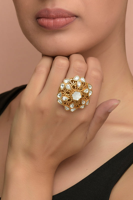 Handcrafted Filigree Moissanite Polki Jadau Flower Ring