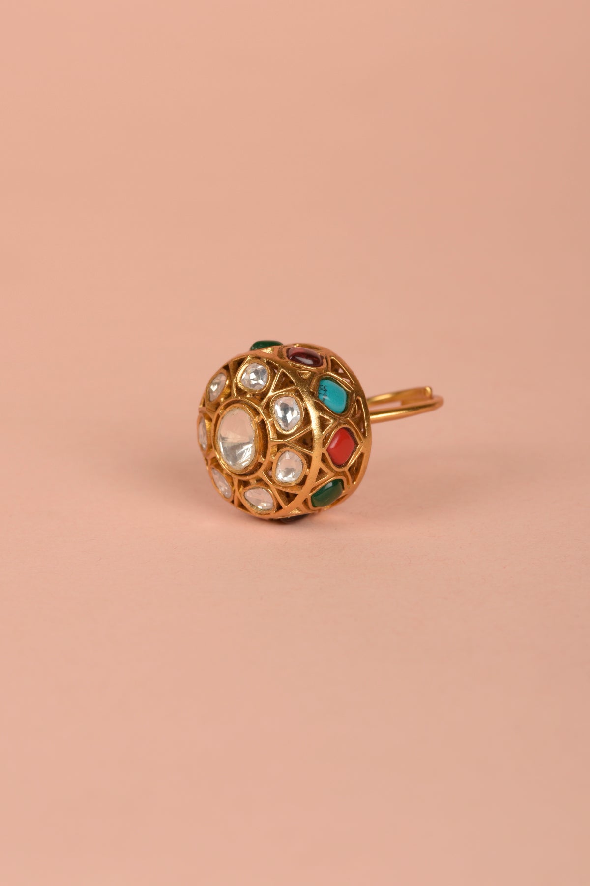 Handcrafted Gold-Plated Navrattan Polki Dome Ring