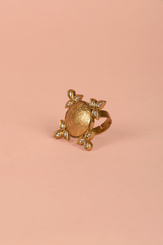 Handcrafted Gold Engraved Mughal Floral Polki Ring