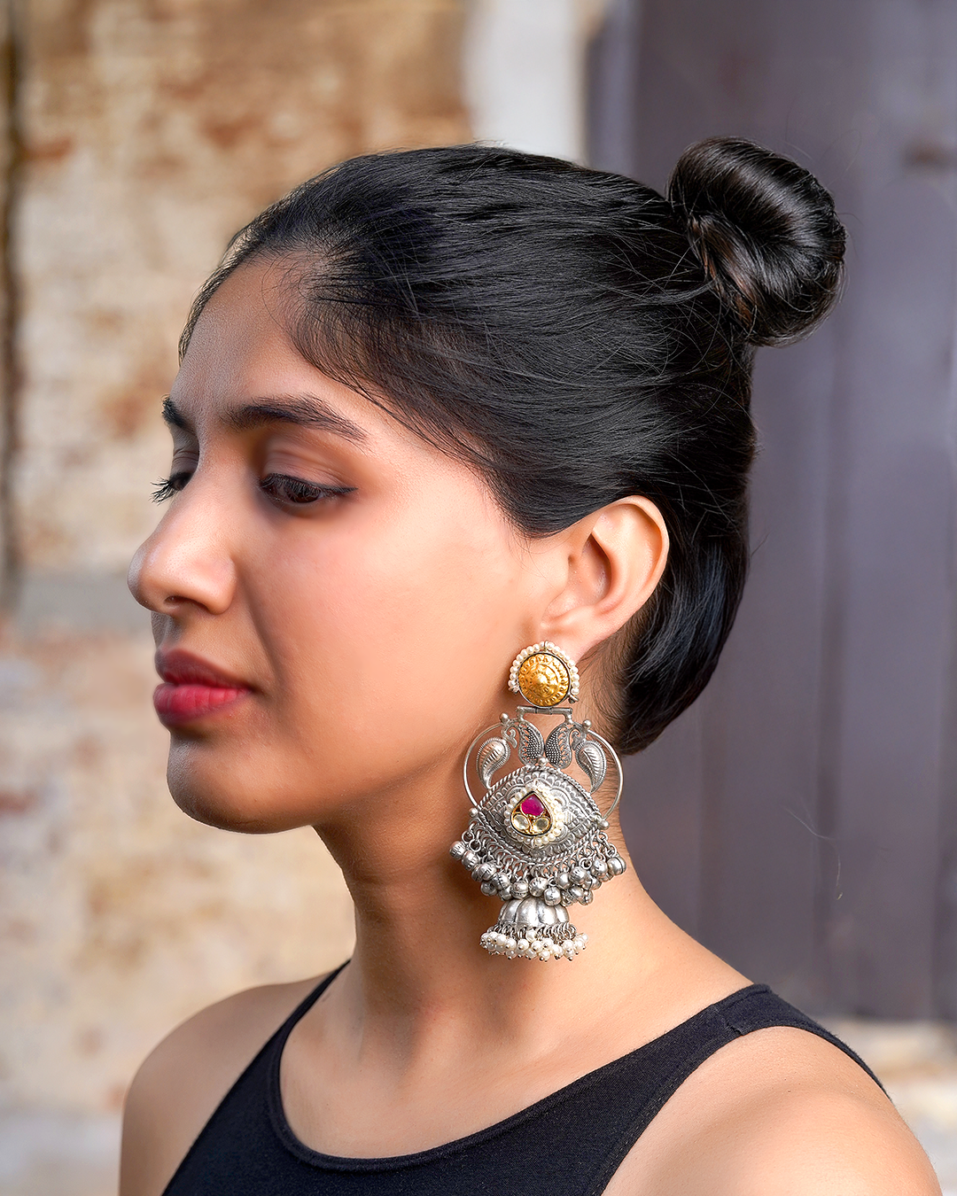 Dual-Tone Oxidized Jhumka with Ruby Pink Accents | Traditional Indian Heritage Statement Earrings