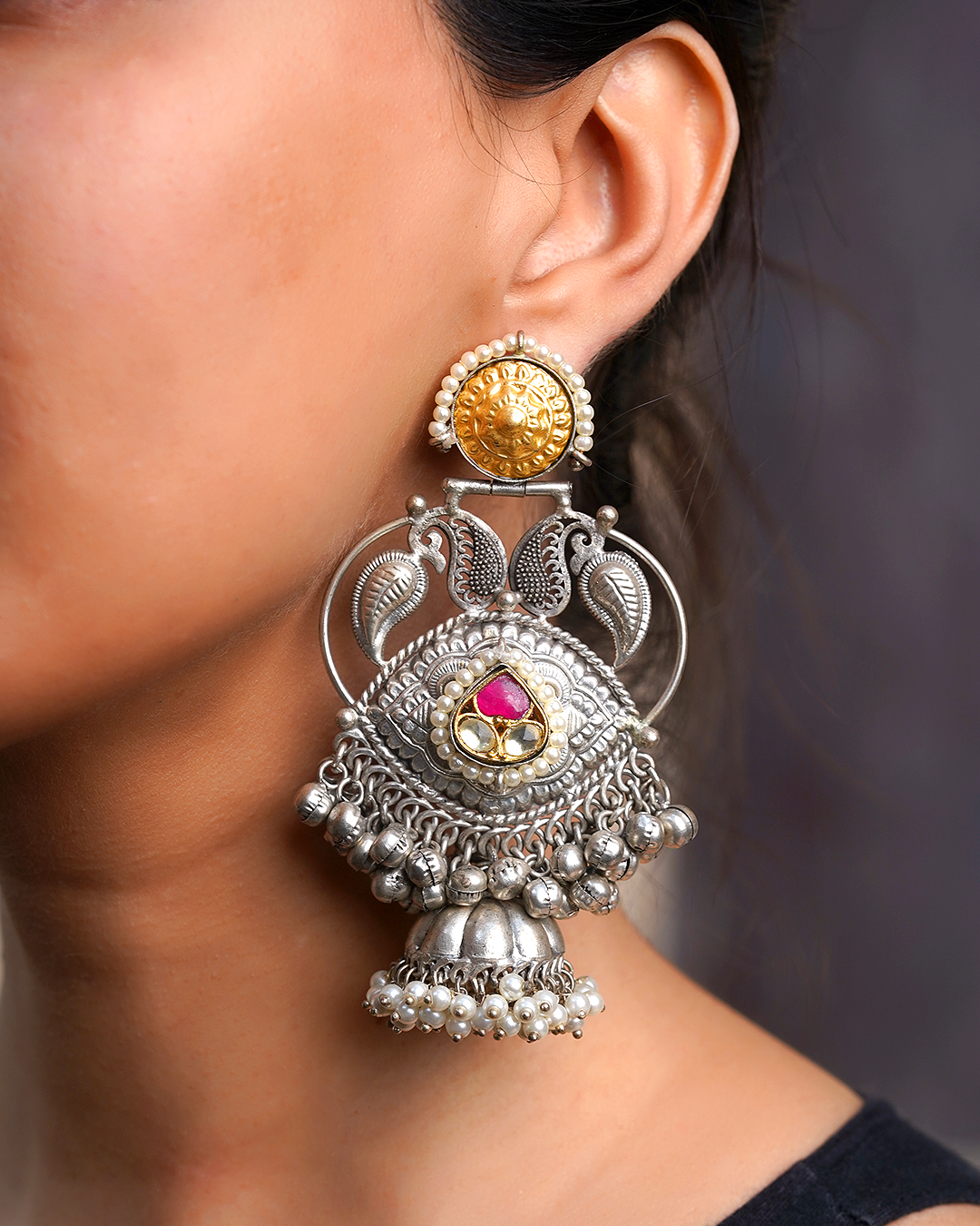 Dual-Tone Oxidized Jhumka with Ruby Pink Accents | Traditional Indian Heritage Statement Earrings