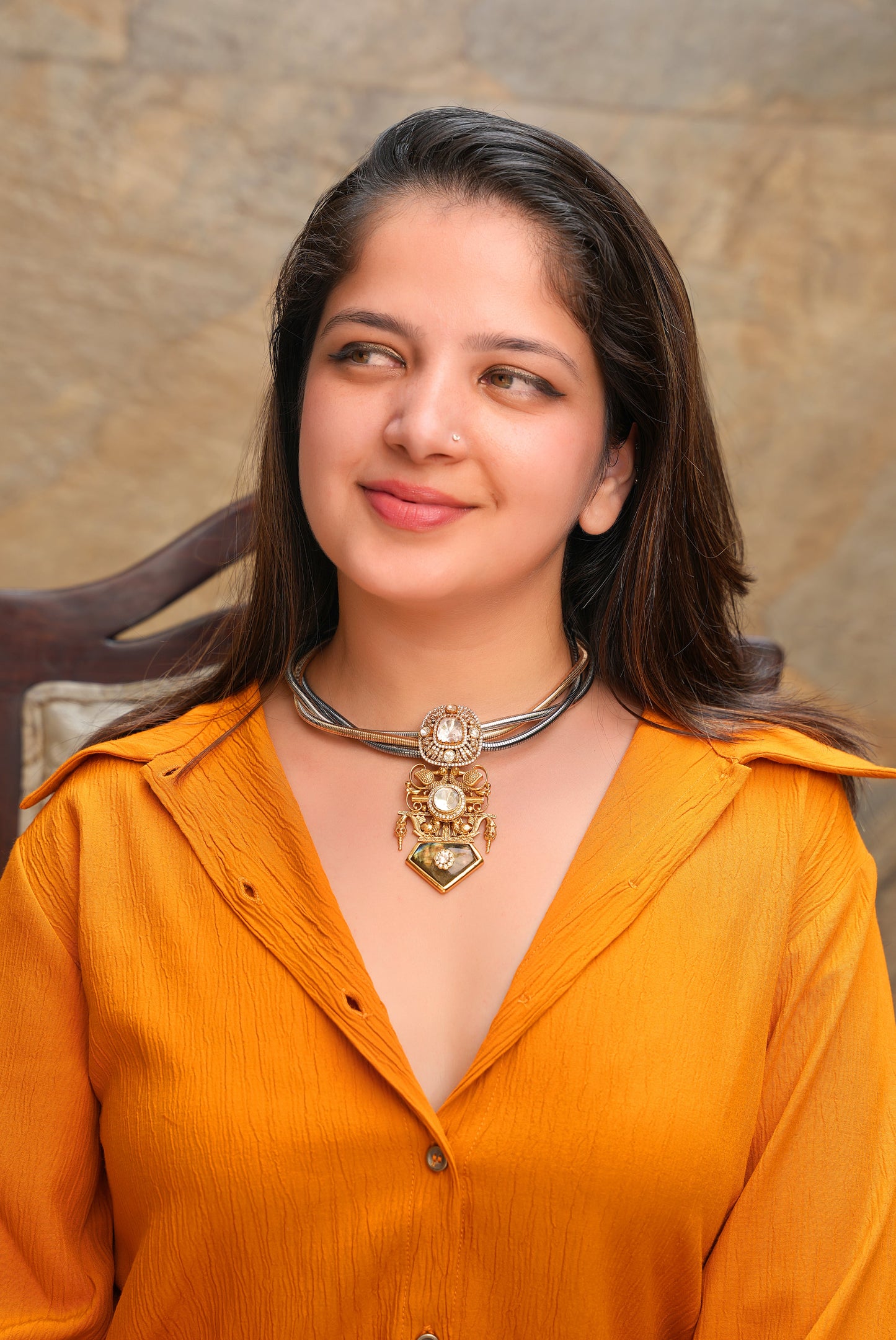 Tri-Tone Metallic Boho Choker | Heritage Kundan Pendant Necklace with Labradorite & Royal Peacock Motifs